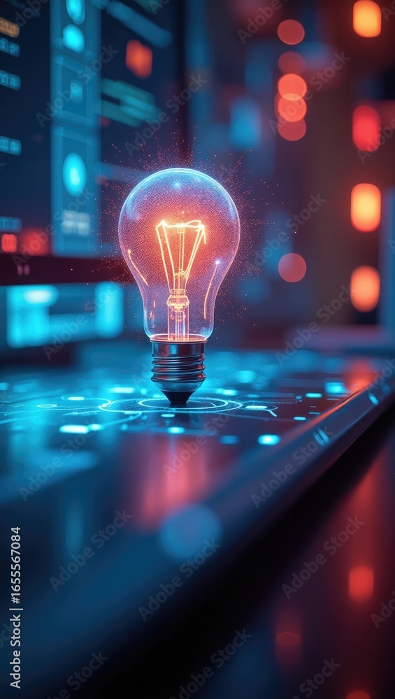 Aufkleber illuminated lightbulb positioned on a surface with glowing technological elements.