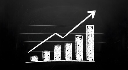 Hand-drawn white chalk bar graph on blackboard showing steady upward trend with increasing bars and rising arrow, symbolizing growth, success, and positive progress in business or education.