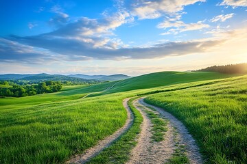 Fototapeta premium Winding Dirt Road Through Lush Green Hills at Sunset Under a Cloudy Blue Sky