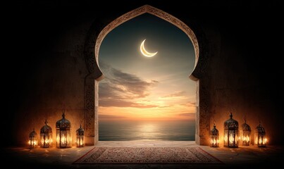 Crescent moon over sea through arched doorway,  Islamic  setting