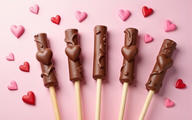 Set of chocolate-coated biscuit sticks with soft pastel background and heart-shaped decorations, perfect for romantic event promotions on peppero day. High quality