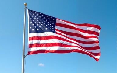 Closeup of an American flag waving in the wind against blue sky. Copy space. High quality