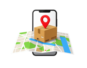 3D Smartphone Map with Single Red Location Pin on Cardboard Parcel, Isolated on Transparent Background