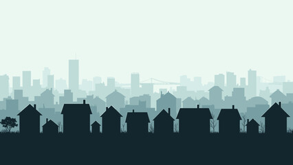 Naklejka premium Minimalist Silhouette Cityscape Panorama with Residential Houses and Urban Skyline