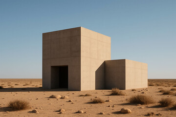Modern minimalist desert architecture with clean lines against a clear blue sky