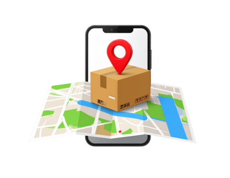  3D Smartphone Map with Single Red Location Pin on Cardboard Parcel, Isolated on Transparent Background - Powered by Adobe