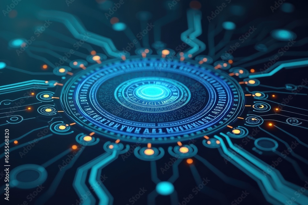 Poster digital circuit board with concentric circles and glowing elements.
