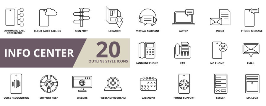 Set of info center pack collection with 20 outline style icons