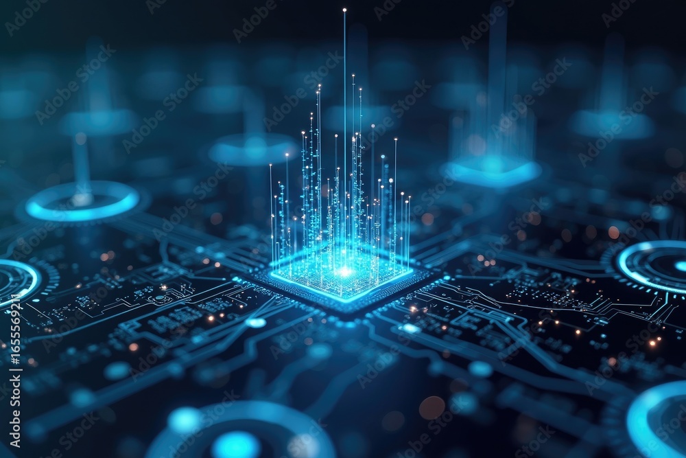 Fototapete digital circuit board with glowing cpu and data streams.