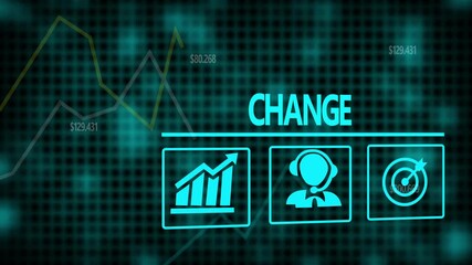 Change business concept on a flashing computer monitor with moving graphs and data.