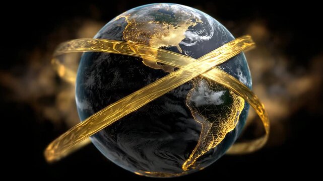 A large, round globe is encased in a gold frame. The globe is black and the frame is made of gold. Conceptual of earth wrapped in glowing yellow biohazard tape, biosecurity, dark moody background