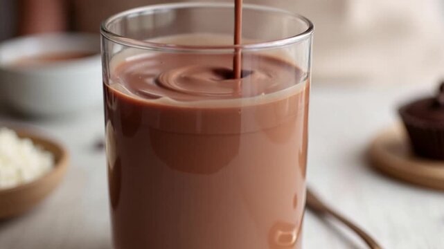 Pouring cholate milk into a glass footage. Fresh chocolate milk and a glass video