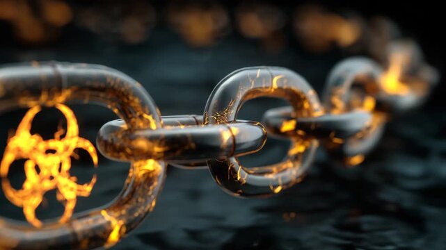 A chain with a symbol of a cross and a circle with a red circle inside. The chain is broken. Dark dramatic of chains locking glowing biohazard icon, biosecurity, sci-fi concept