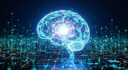 Digital Brain: A Glowing Geometric Representation of Artificial Intelligence on a Data Grid