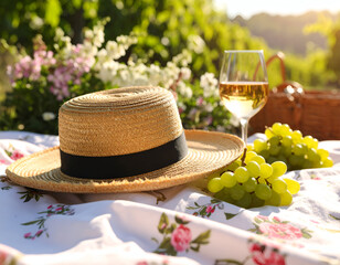 Flygen Aesthetic Picnic Straw Hat, Grapes, Sunlight & Floral Blanket Harmony