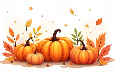 Colorful autumn pumpkins and forest leaves clipart. Isolated on white background. Seasonal design for greeting or poster. High quality