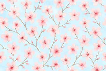 Fototapeta premium Soft pastel floral pattern with delicate pink blossoms and green leaves