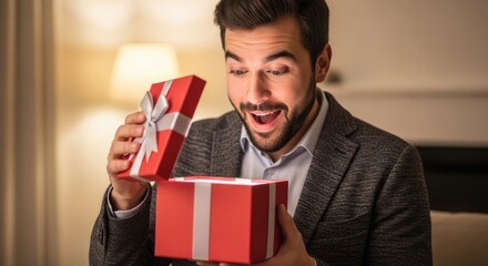 A man opening a red gift box with a white ribbon.