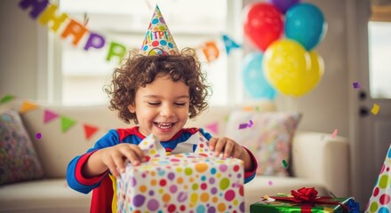 A young child in a superhero costume opening a colorful gift box with confetti in the air.