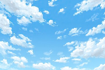 A vibrant, digitally rendered sky filled with fluffy, scattered clouds