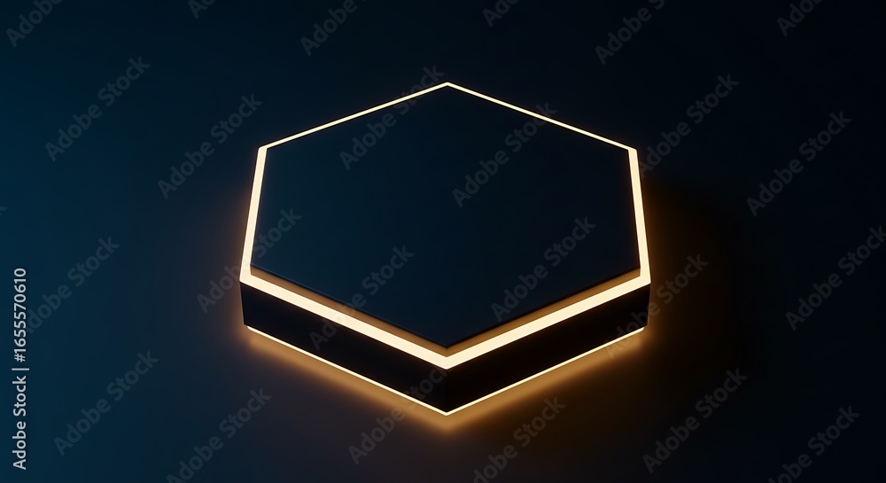 Poster abstract hexagonal platform with golden rim glow against dark background - 3d render