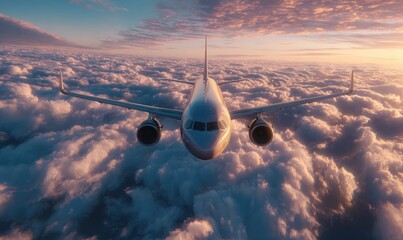 Jet plane soars through clouds at sunrise