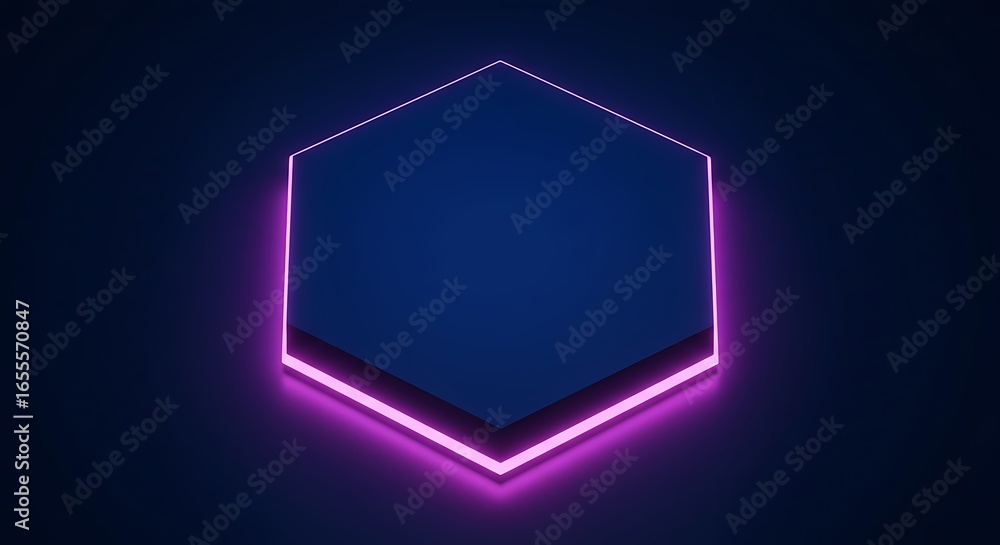 Poster glowing purple neon hexagon frame on a dark background. abstract 3d geometric shape for technology o