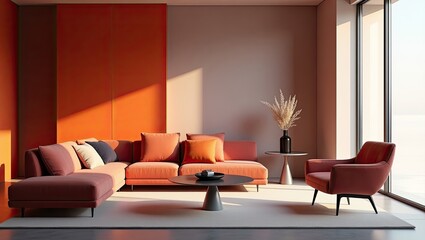Fototapeta premium Modern living room with coral colored sectional sofa and accent chair.
