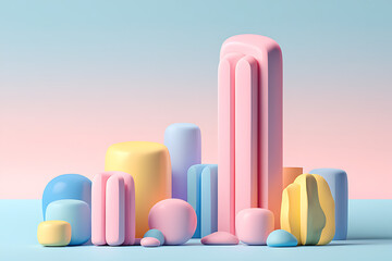 Obraz premium A collection of abstract pastel colored geometric shapes and forms arranged in a whimsical dreamlike composition against a soft gradient background evoking a sense of modern design and playful