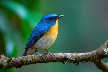 Fototapeta premium A small blue and yellow bird perches on a mossy branch against a green backdrop