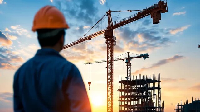 Construction worker crane building sunset silhouette helmet steel structure and safety engineering site create dramatic scene