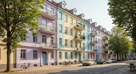 Fototapeta premium Pastel-Colored Apartment Buildings on a Sunny Street, Berlin