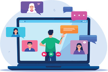 Online video conference with a team working remotely ilustration/vector. Digital communication and virtual business meeting concept on a laptop screen.