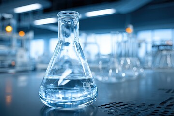 Clear flask filled with liquid on lab bench