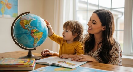 Fototapeta premium A young child and a woman looking at a globe in a cozy living room.