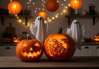 Spooky halloween decorations featuring glowing jack o lanterns and ghostly figures adorned with festive lights
