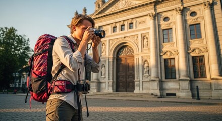Obraz premium A man with a backpack taking a photo in front of a historic building.