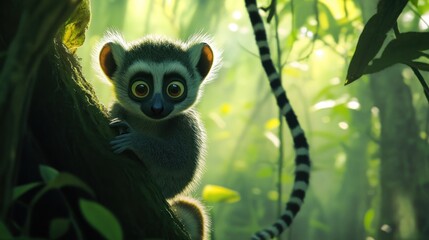 Obraz premium Lemur, its ringed tail like a soft, striped banner, large eyes full of gentle wonder, Madagascar forest canopy light