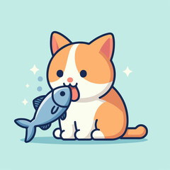flat illustration of a cat eating fish