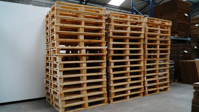 Almac&eacute;n con cart&oacute;n y tarimas de madera apiladas
Bodega industrial con material de empaque almacenado