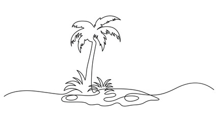 Continuous One Line drawing of a tropical island with palm tree. © AdhirChandra