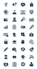 A collection of flat design icons depicting various business, technology, communication, and office-related concepts with subtle shadows.