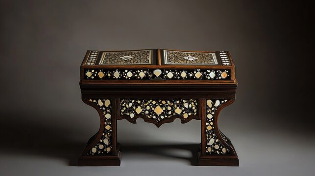 Antique wooden Quran stand (Rihal), dark polished wood inlaid with mother-of-pearl that shimmers with shifting, otherworldly colors, soft diffused light