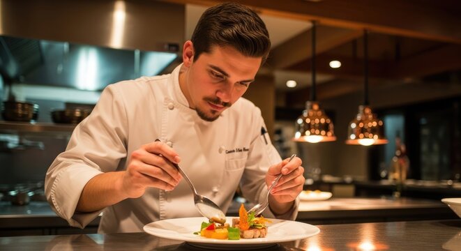 A chef in a white uniform, meticulously preparing a dish with a variety of vegetables and seafood on a white plate in a modern kitchen setting.