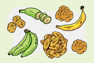 illustration of plantains, plantain chips, patacones or tostones © Natalia