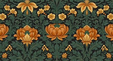 Art Nouveau Seamless Floral Pattern with Orange Flowers and Teal Leaves