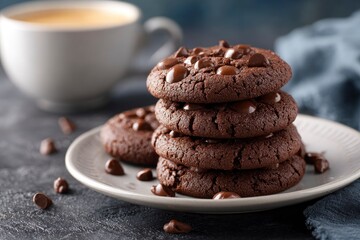 Fototapeta premium A stack of four chocolate chip cookies on a white plate next to a white mug