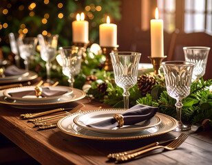 A festive holiday dinner table setting with elegant place settings, candlelight, and a centerpiece of evergreen garland