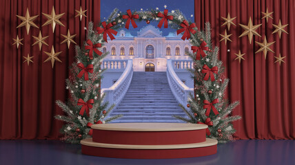 Fototapeta premium Festive christmas stage decorated with stars curtains and a beautiful winter palace backdrop