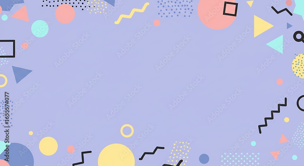 Poster vibrant geometric abstract background with retro 80s and 90s memphis style elements, featuring a pla